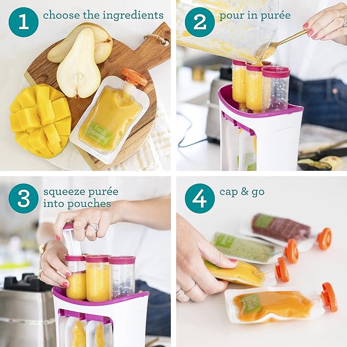 Infantino Squeeze Station, Baby Food Maker & Pouch Filler, Fill 3 Reusable Pouches at Once, Easy to Use, Dishwasher Safe, Homemade Baby Food Prep Essential, Purple