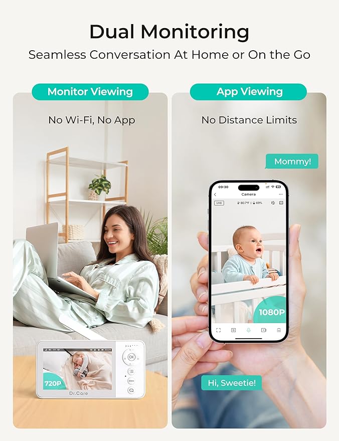 VistaView Lite RB Smart WiFi Baby Monitor with 2 Cameras - 4” 720P Split Screen & 1080P Camera App Control, Motion Alerts, 2500mAh Removable Battery, Night Vision, Multi-User, Triple Security