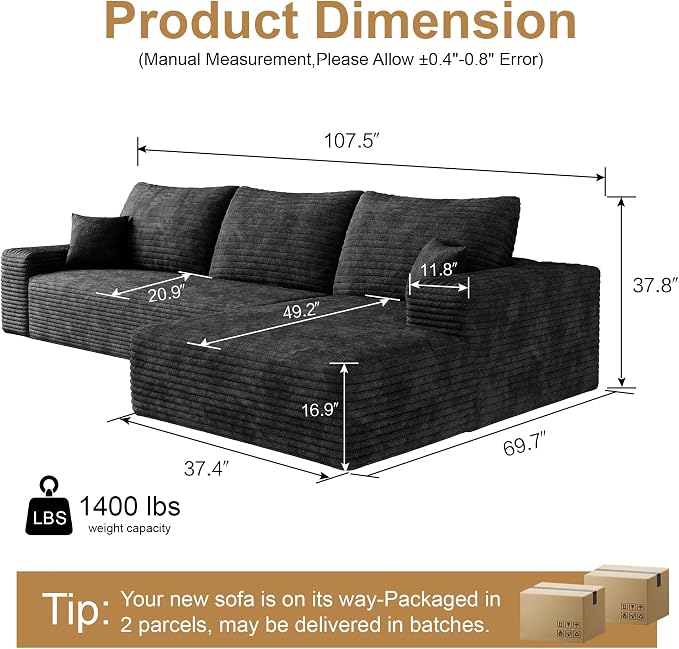 108" Sectional Couches for Living Room Cloud Couch Sofa - Image 2