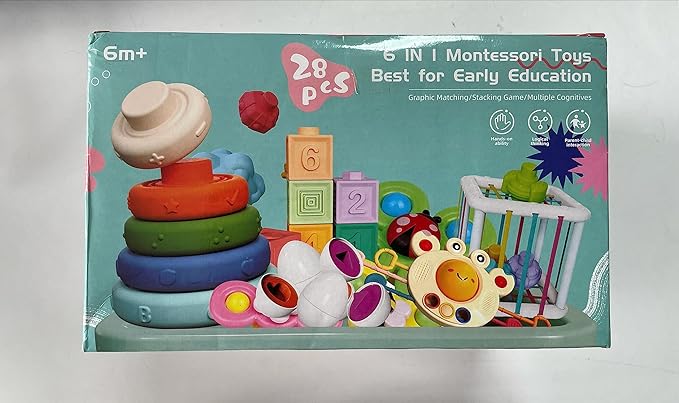 Baby Toys for 6 to 12 Months, Montessori Sensory Bins & Teething Toys, 6 in 1 Stacking Blocks, Rings, Eggs, Spinner, Crab Shape, 27 Pieces, Ages 6-36 Months