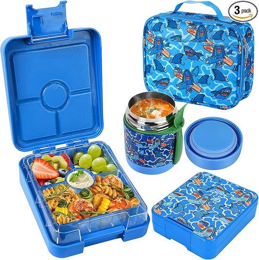 Bento Lunch Box Set With 10oz Soup Thermo, Leak-proof Lunch Containers with 4 Compartment, Kids Hot Thermo Food Jar/Insulation Lunch Bag, Food Containers for School（Shark）