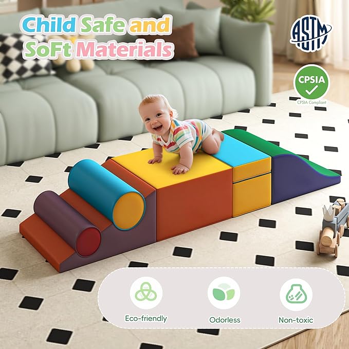 Soft Climbing Toys for Toddlers, Soft Foam Climbing Blocks, PU Leather Gym Climb & Crawl Soft Activity Playset, Indoor Climbing Toys Equipment for Kids and Children, Classic Yellow