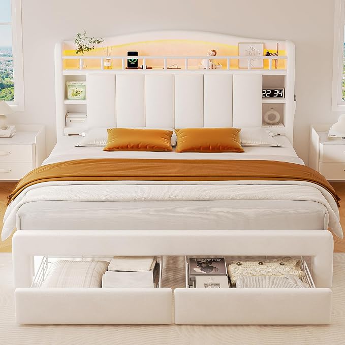 Queen Size Bed Frame with LED Storage Headboard & 2 Storage Drawers, Velvet - Image 3