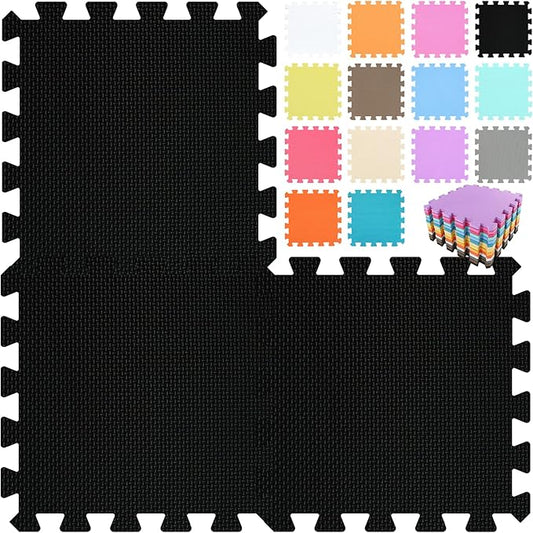 qqpp EVA Rubber 18 Tiles Interlocking Puzzle Foam Floor Mats - Baby Play Mat for Playing | Exercise Mat for Home Workout. Black. QC-Db18N
