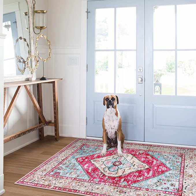 Lahome Boho Round Rug - 6Ft Washable Area Rug, Non-Slip Small Bathroom Rug, Lightweight Bedroom Throw, Oriental Distressed Print Carpet for Entryway, Sofa, Nursery, Kids Room