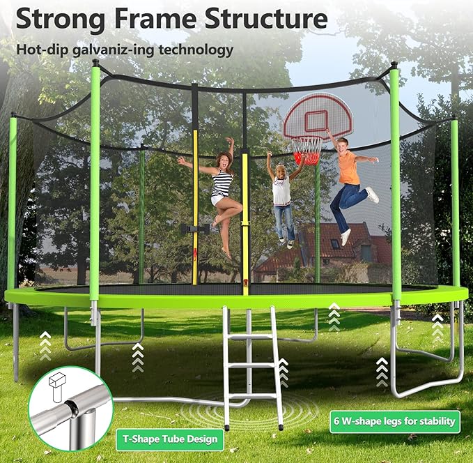 Upgraded 10/12/14/15/16FT Trampoline Outdoor, Large Kids Trampoline with Light, Stakes, Sprinkler, Backyard Trampoline with Basketball Hoop and Net, Capacity for 4-6 Kids and Adults