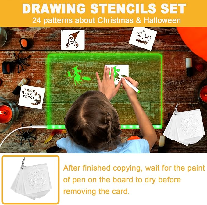 LED Acrylic Message Board, Light Up Acrylic Dry Erase Board with 7-Color Light, LED Note Board with Colors for Kids, Glow Memo Message Writing Board with Light, Drawing Stencils Set Included