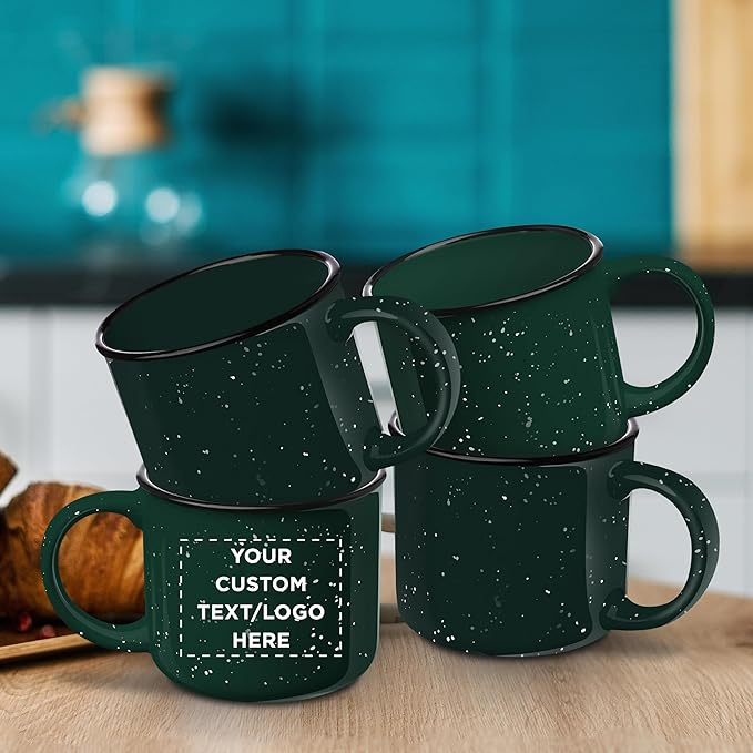 DISCOUNT PROMOS Custom Ceramic Campfire Coffee Mugs 13 oz. Set of 10, Personalized Bulk Pack - Perfect for Tea, Espresso, Cappuccino, Hot Cocoa - Green