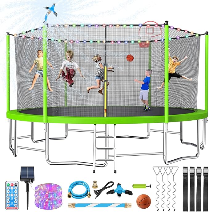 Upgraded 10/12/14/15/16FT Trampoline Outdoor, Large Kids Trampoline with Light, Stakes, Sprinkler, Backyard Trampoline with Basketball Hoop and Net, Capacity for 4-6 Kids and Adults
