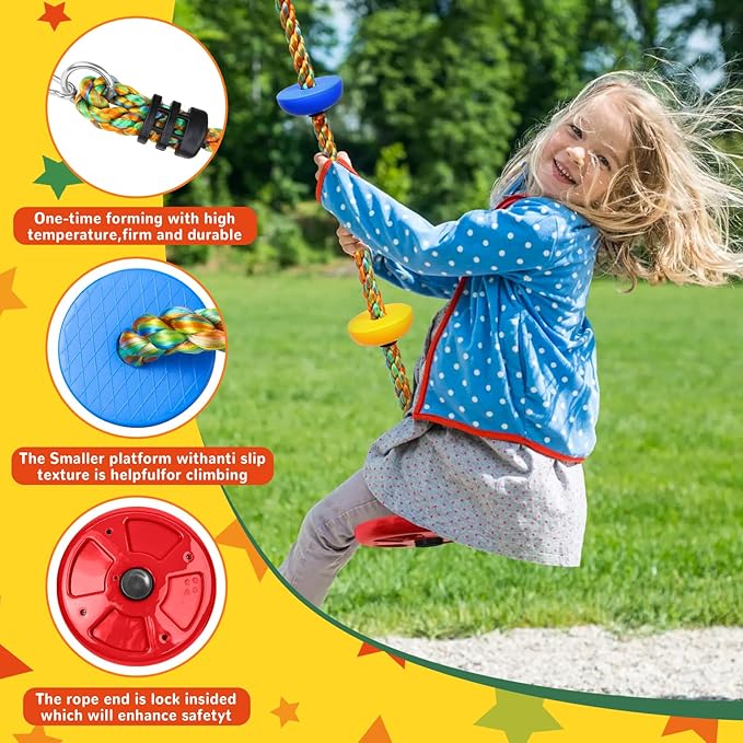 Tree Swing Climbing Rainbow Rope, Heavy Duty Swing Disc Seat Replacement for Kids with Hanging Strap and Platform Carabiners Indoor/Outdoor Playground Accessories (Red)