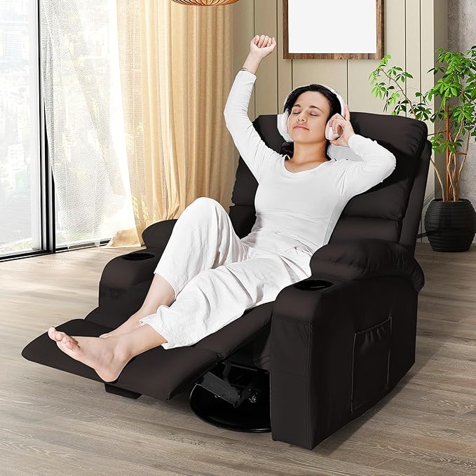 Rocking Recliner Chair, Massage Rocker Recliner Chair with Vibration Massage and Heat, USB and Type-C Ports,360° Swivel Faux Leather Chairs, Living Room, Bedroom, Nursery, RV, Brown