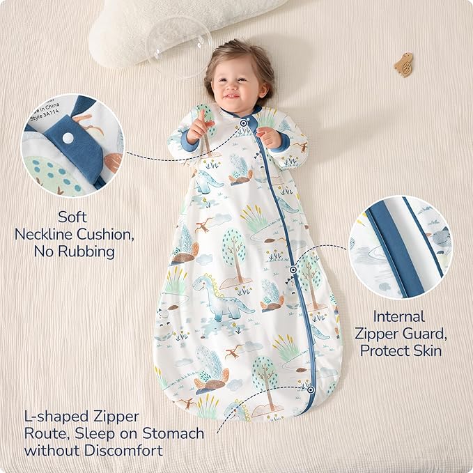 Baby Sleep Sack 6-12 Months, Cotton Detachable Long Sleeve Sleep Sack, 2.5 Tog Toddler Sleeping Sack with Temperature Strips, 2-Way Zipper Wearable Blankets for Newborns, Dinosaur
