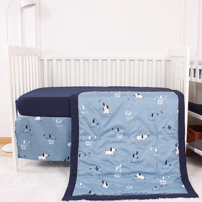 CaSaJa Baby 3-Piece Crib Bedding Set for Boys Girls, Including Soft Quilted Comforter(Blanket), Fitted Crib Sheet and Skirt, Soft Nursery Bedding Set Made of Silky Comfy Materials, Good Luck Puppy