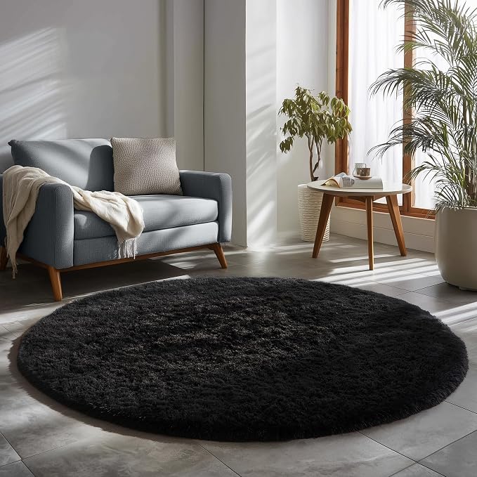 Black Round Rug 7Ft for Bedroom Aesthetic, Fluffy Plush Circle Area Rugs for - Image 6