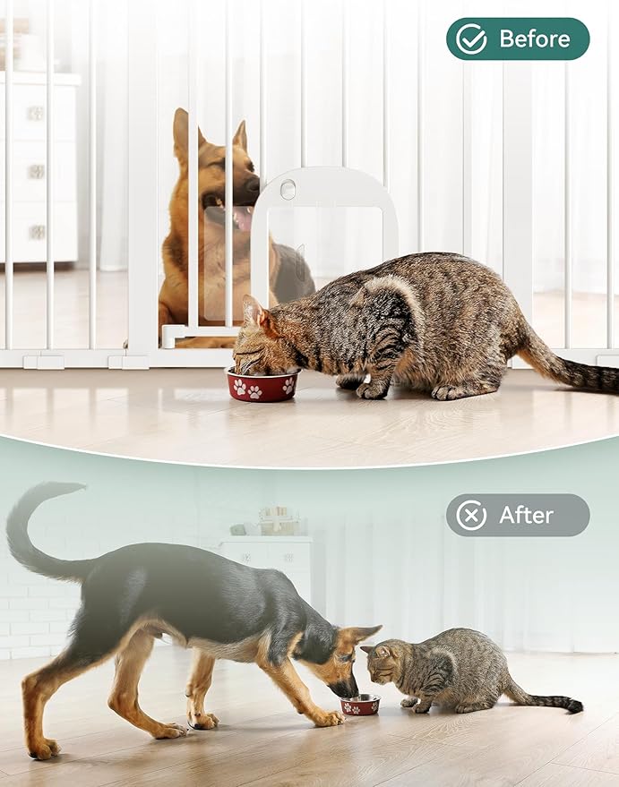 Babelio 29-48" Extra Wide Baby Gate with Adjustable Cat Door,Easy Install Pressure/Hardware Mounted,Auto Close Pet door for Stairs,House,Doorways,Effortless Walk Thru,White