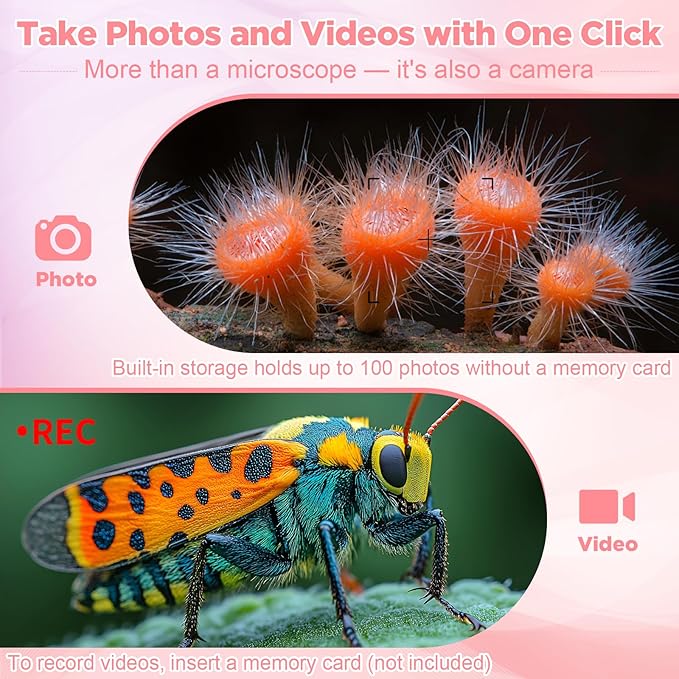 MAXLAPTER Portable Digital Microscope for Kids: 1000X Handheld Kid Microscope with 2'' Screen and 8 LED Lights - Pocket Miniscope Edu Science Toys Birthday Gifts for Age 3-5 5-7 8-12 Girls Boys, Pink