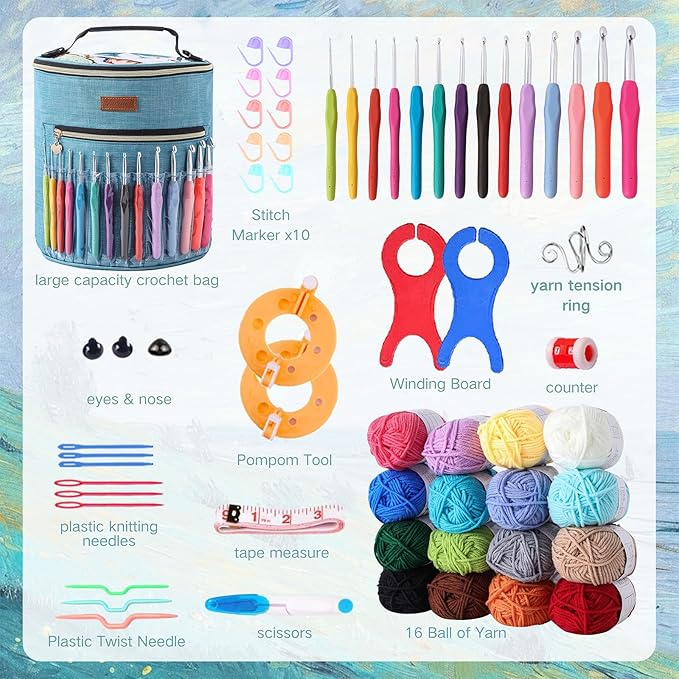 Yarniss Crochet Kits for Beginners,1120 Yards Yarn Kits 16 Colors,Crochet Set with 14 Size Ergonomic Crochet Hooks 2.0mm~14mm,Crochet Bag Organizer