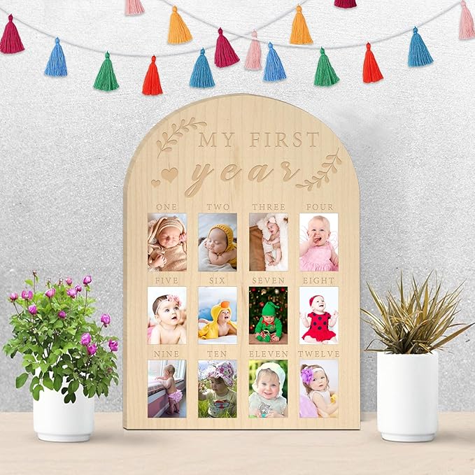 My First Year Photo Display Wood Board Baby's First Year Photo Frame Milestone Board 12 Months Baby Picture Frame 1st Birthday Nursery Decorations for Boy Girl Baby Keepsake Gift for Mom (2" x 3" photos - Wallet Size)