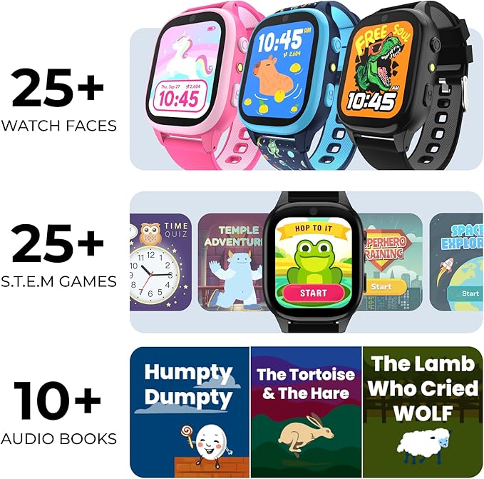 PlayZoom 4 Kids Smartwatch – 1.83” Color Touchscreen, 25+ Games, Selfie Camera, Audiobooks, Songs, Step Tracker, Parental Controls, Waterproof, for Ages 4-12 (Black)