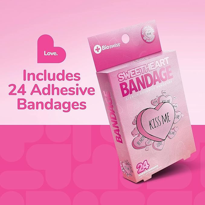 BioSwiss Bandages, Valentine Valentine Heart Shaped Self Adhesive Bandage, Latex Free Sterile Wound Care, Fun First Aid Kit Supplies for Kids, 24 Count