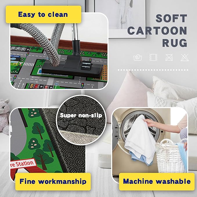 Fun Car Play Area Carpet Car Mat 59"x39" Play Rug for Playroom Town City Road Map for Boys Bedroom Non-Slip Washable