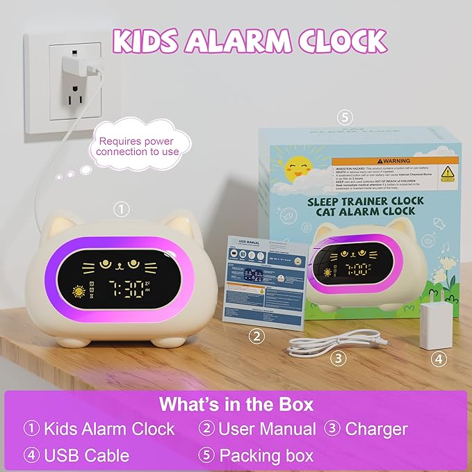 Honesorn Alarm Clock for Kids, Ok to Wake Clock for Kids, Cute Cat Kids Alarm Clock for Girls Boys Toddler, Kids Clock with 10 Night Lights, 7 Soothing Sounds, Auto-Off Timer, Child Lock, Cream White