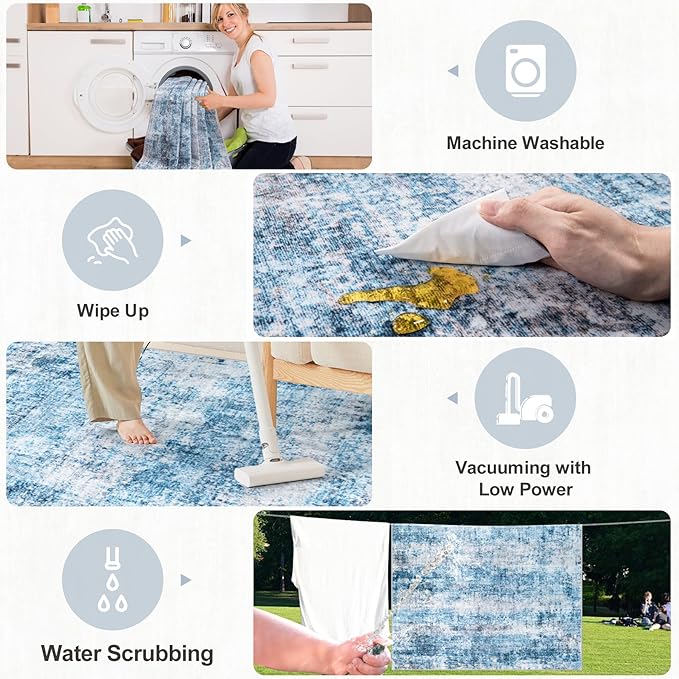 Area Rugs 9x12 Living Room - Washable Rug Modern Abstract Soft Large Neutral Non-Slip Carpet Indoor Floor Thin Carpets for Bedroom Dining Room Farmhouse Nursery Home Office Blue Grey