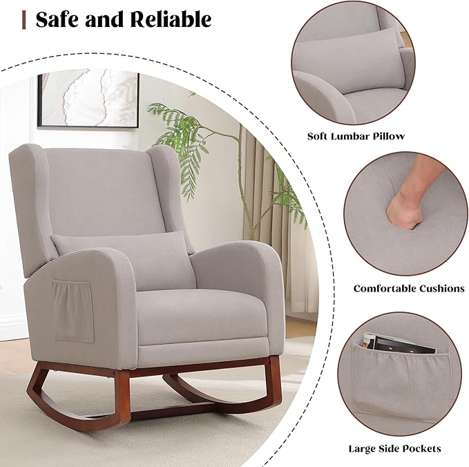 Rocking Chair Nursery, Nursery Rocking Chairs with Foot Rest, Comfy Glider Rocker Nursing Chair with High Back for Nursing, Living Room, Bedroom, Light Grey