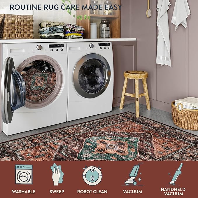 Lahome 8x10 Ultra-Thin Living Room Rug （Non-Slip Washable Non-Shedding）（Oriental Vintage Distressed Carpet for Dining，Bedroom，Office）