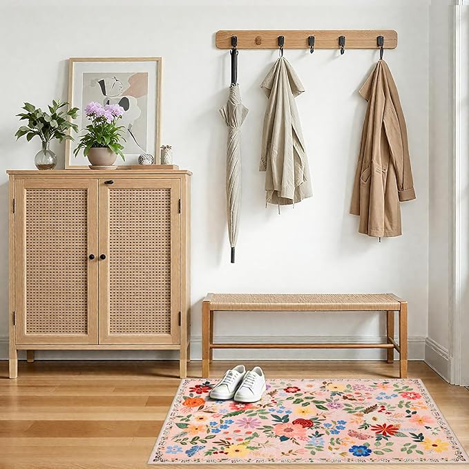 Entryway Rug 2X3 Small Rugs: Floral Washable Door Mat Vintage Soft Low Pile Non-Slip Kitchen Rugs Stain Resistant Indoor Throw Rug for Entrance, Bedroom, Kitchen, Laundry, Bathroom Beige