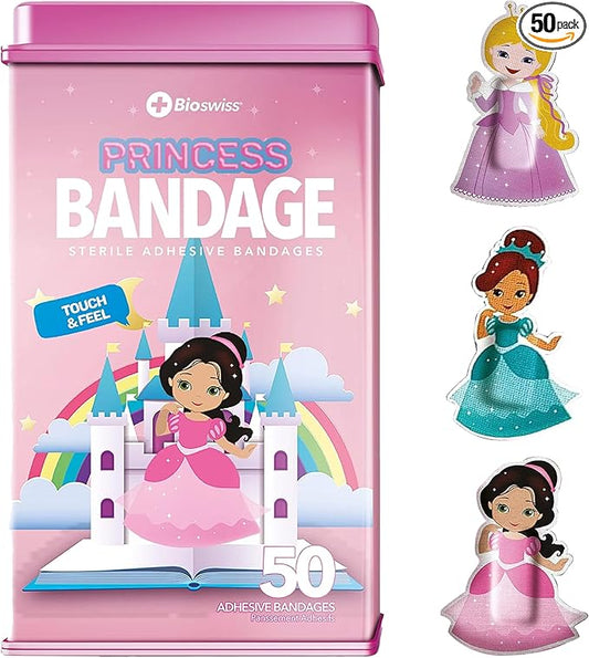 BioSwiss Bandages, Princess Shaped Self Adhesive Bandage, Latex Free Sterile Wound Care, Fun First Aid Kit Supplies for Kids, 50 Count
