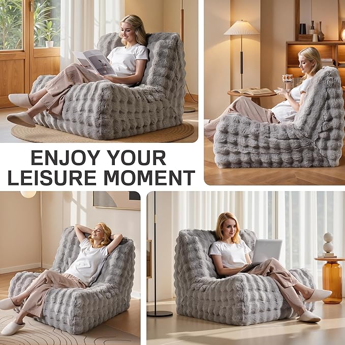 Modern Bean Bag Chair, Large Bean Bag Couch for Adults with Memory Foam Filled, Soft Faux Bunny Fur Lazy Chair for Living Room Bedroom Dorm Apartment, No Assembly Required, Grey