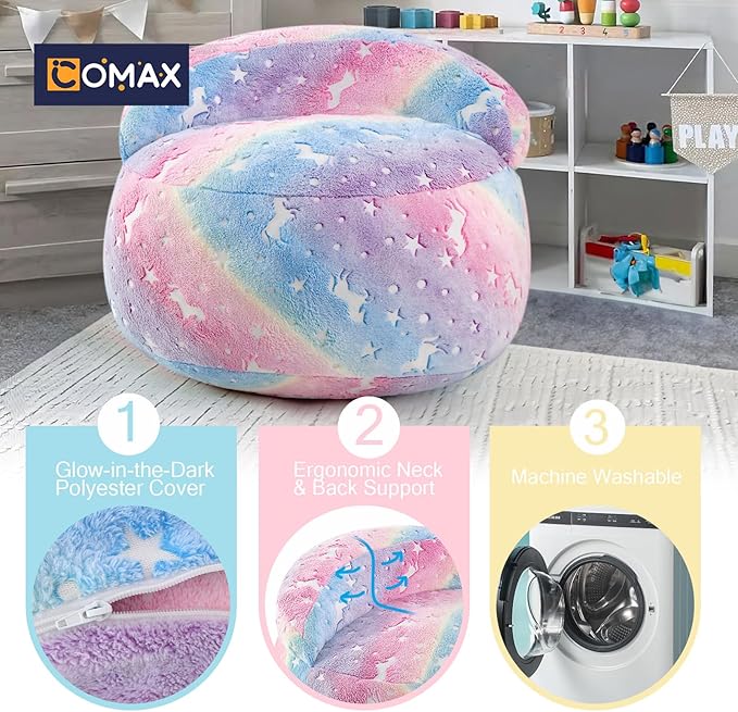 COMAX Bean Bag Chair for Kids, Convertible Toddler Beanbag Bed Unicorn, Children Bean Chair Stuffed to Floor Mattress with Filler, Growing Colorful Rainbow