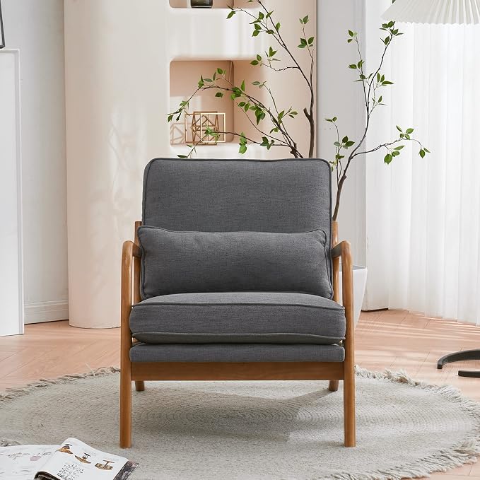 Bonnlo Linen Dark Grey Mid Century Modern Accent Chair, Soild Wood Padding - Image 5