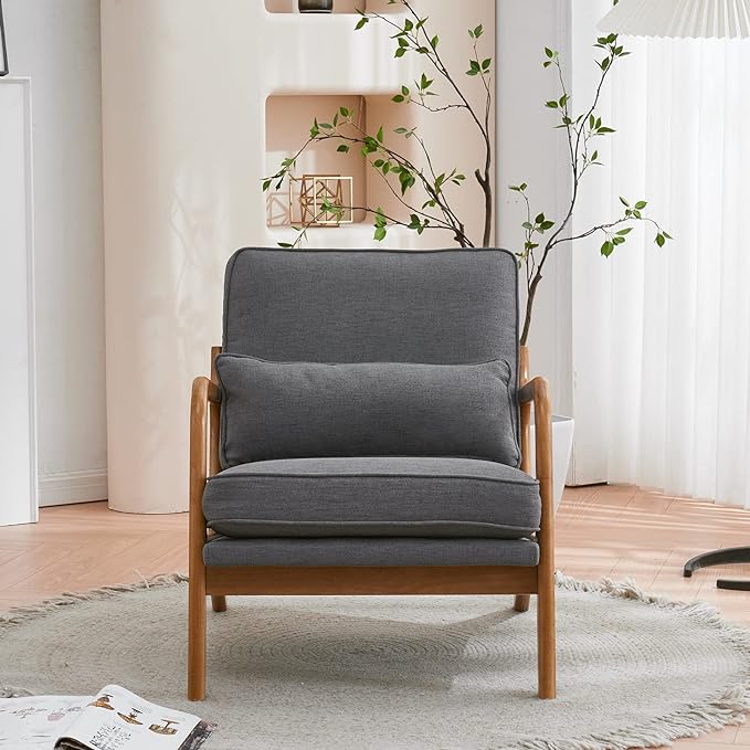 VINGLI Linen Dark Grey Comfy Accent Chair, Mid Century Modern Lounge Armchair - Image 4