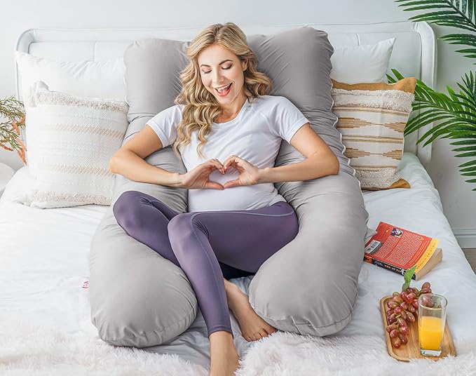 Meiz Pregnancy Pillow, Cooling Silky Pregnancy Pillows for Sleeping, Maternity Body Pillow for Pregnant Woman with Cooling Silk Jersey Cover, Light Grey
