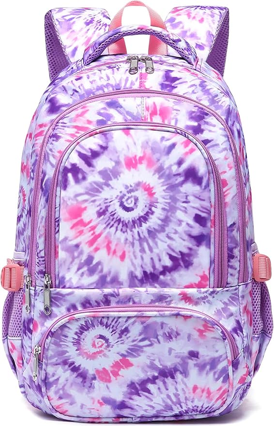BLUEFAIRY Kids Backpack for Girls Elementary Primary Middle School Bag for Aged 8-10 for Teens Childs Bookbag Back to School Bag Mochilas Escolares para Niñas de 7 8 9 10 Tie-dye Purple