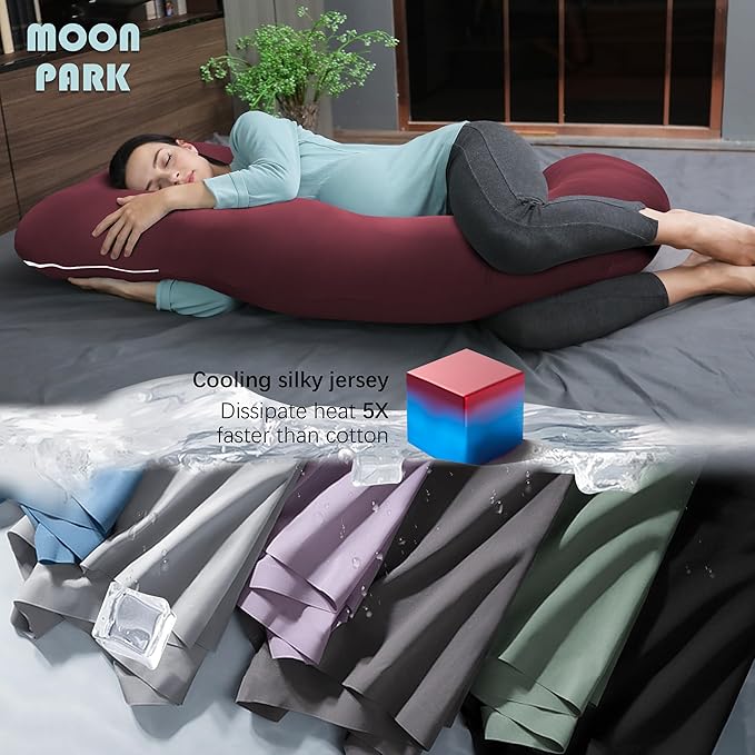 MOON PARK Pregnancy Pillows for Sleeping - U Shaped Full Body Maternity Pillow with Removable Cover - Support for Back, Legs, Belly, HIPS - 57 Inch - Burgundy - Cooling Cover