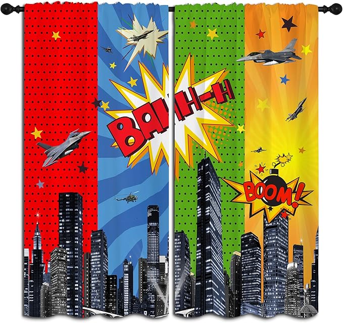 Superhero Rod Pocket Blackout Curtains for Boy Girl Bedroom, City War Explosion Comics Art Thermal Insulated Home Window Drapes for Living Room Darkening, 84x72 inch