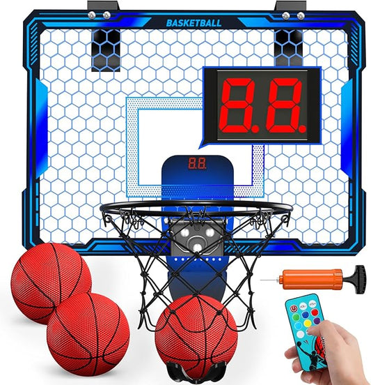 Remote Control Basketball Hoop Indoor with 7 LED Lighting, Mini Basketball Hoop with Electronic Scoreboard, 3 Modes, Over Door Basketball Hoop, Basketball Toys Sport Gifts for Kids, Adults (Blue)