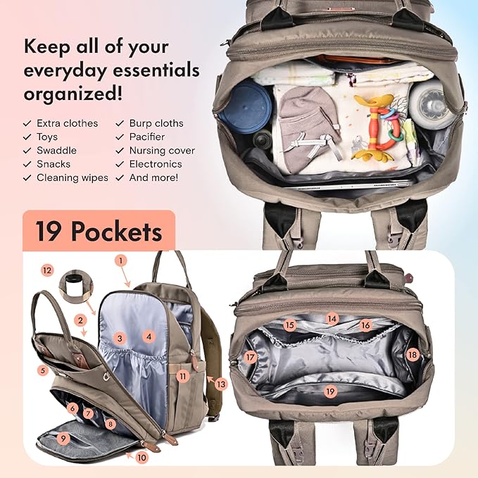 Dikaslon Diaper Bag Backpack with Portable Changing Pad, Pacifier Case and Stroller Straps, Large Unisex Baby Bags for Boys Girls, Multipurpose Travel Back Pack Moms Dads,Khaki