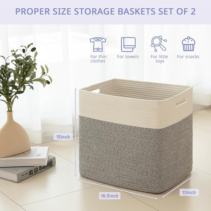 OIAHOMY Storage baskets for Shelf, Toy Storage Basket, Large Collapsible Storage Bins, Blanket Basket Living Room, Closet Storage for Bedroom, 16.5 x 13 x 15 Inches-Pack of 2-Grey