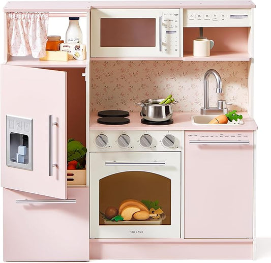 Tiny Land Play Kitchen for Kids, Upgraded Wooden Kitchen Toy with Complete Play Areas, Pretend Cooking Set with Sink, Stove, Microwave, Toy Coffee Station & Storage for Kids Ages 3+