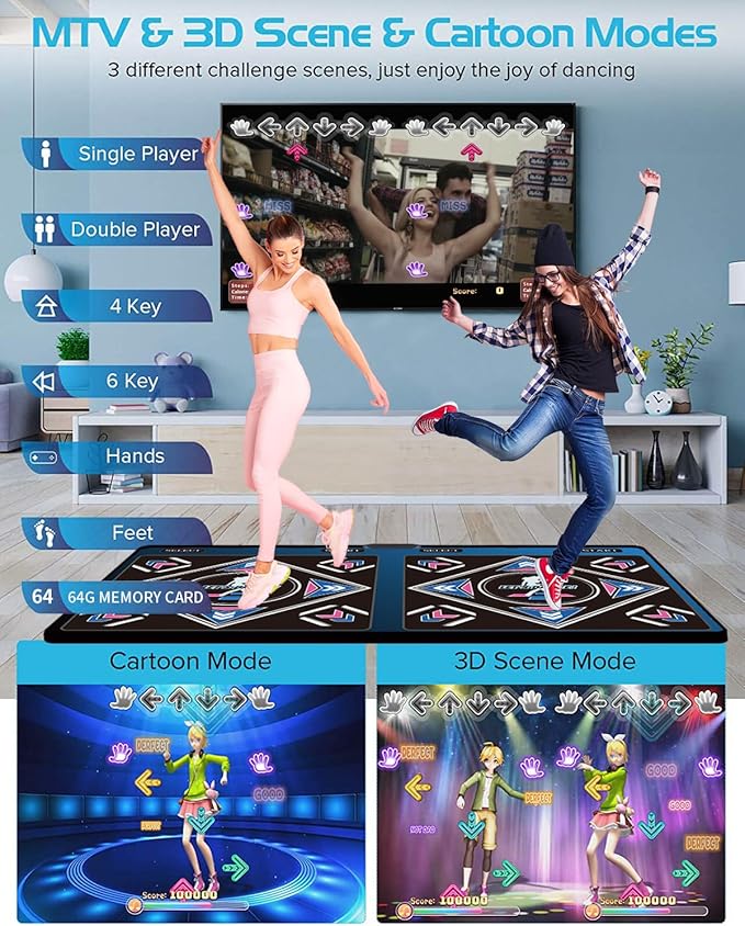 Music Dance Mat for Kids & Adults,Ideal for Fitness Dance Games,899 Games,64GB Memory Card,75 Music Videos,650 Songs.Made of Premium Flannel,for TV use,a Luxurious Gift for Children