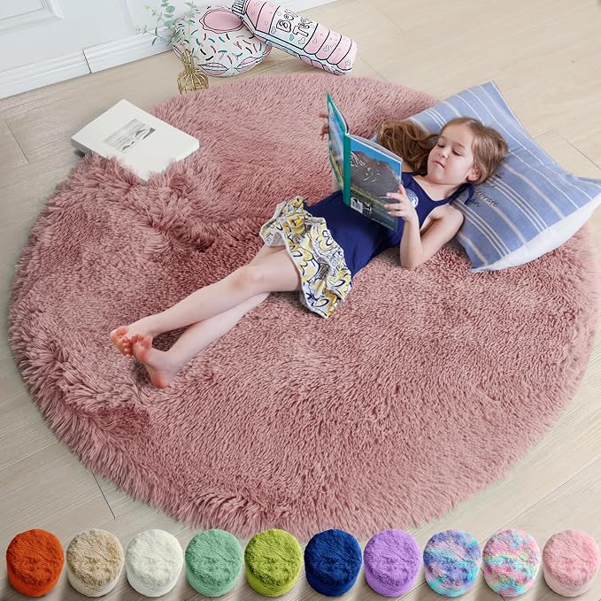 Amdrebio Blush Fluffy Round Rug 4Ft by Amdrebio