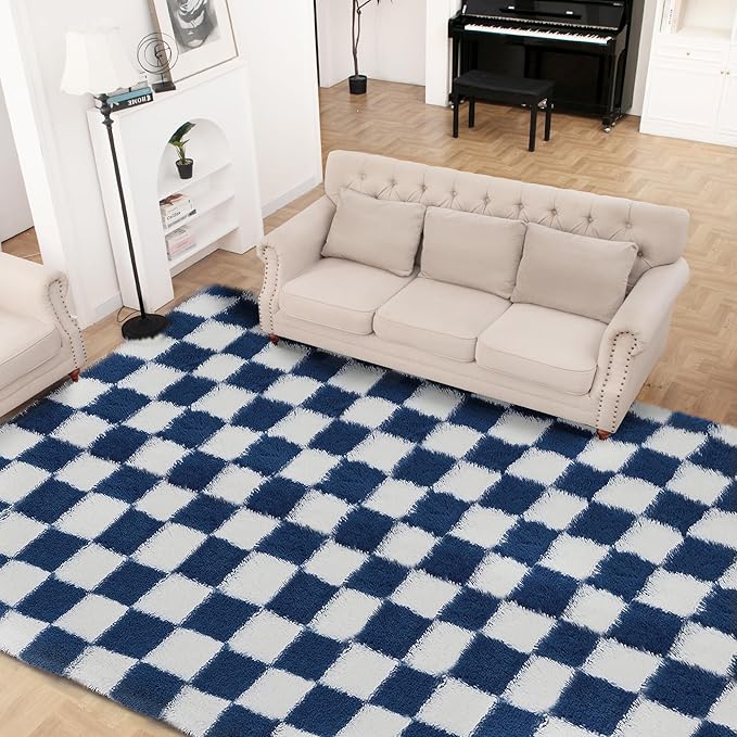 Super Soft Rug for Bedroom, 6x9 ft Blue and White Area Rug Classic Checkered Shaggy Anti-Skid High Pile Soft Fluffy Rug Fuzzy Carpet for Living Room Bedroom Kids Room Nursery, Dorm