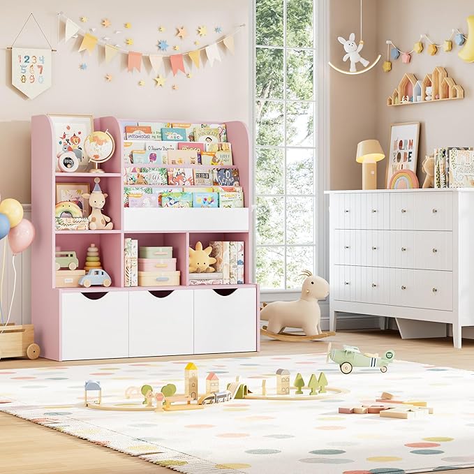 FOTOSOK 47'' Kids Bookcase and Bookshelf, Multifunctional Bookcase with 5 Storage Cubbies and 3 Movable Drawers, Toy Storager Display Stand, Toy Storage Organizer for Bedroom, Playroom, Hallway, Pink