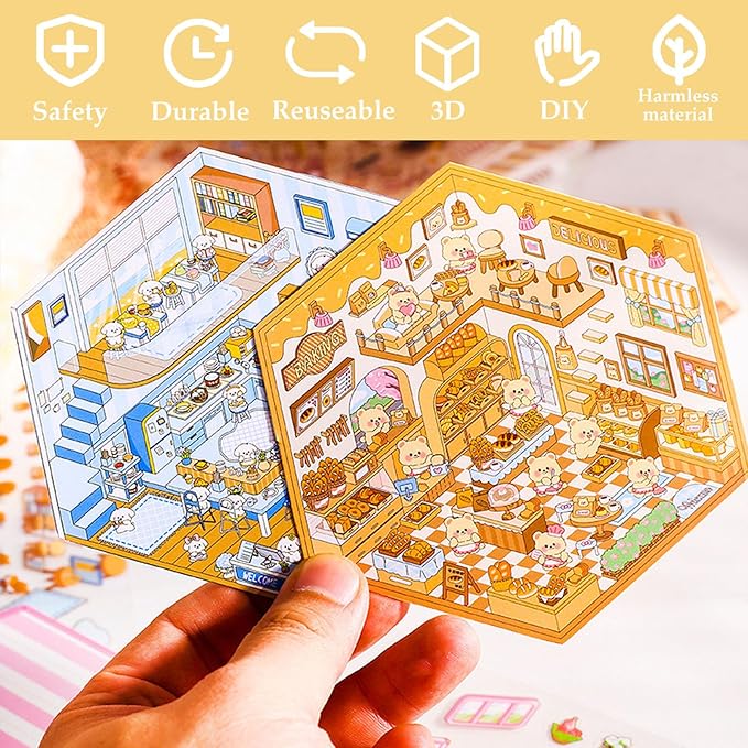 DIY 3D Sticker Scene 6 Sets of Stickers for Girls Make Your Own Mini Room Scene Stickers for Kids Cute Kawaii Sticker Therapy for Adult Relief Stress Pass The Time