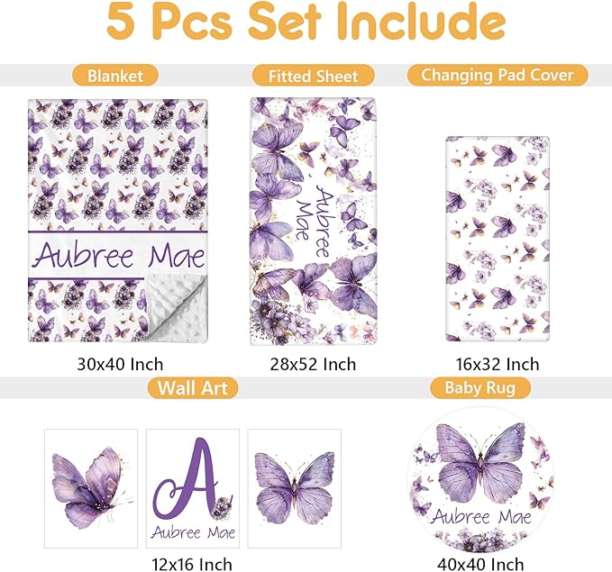Personalized Baby Bedding Set, 5 Pcs Custom Toddlers Bedding Set with Infant Name, Soft Double Layer Nursery Crib Set for Girls Boys, Customized Infants Gifts for Baby Shower, Purple Butterfly