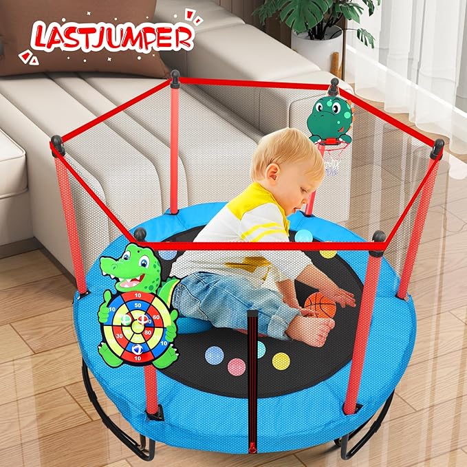 Pink Indoor Trampoline for Kids 2-5, 5ft Mini Indoor & Outdoor Small Toddler Trampoline with Net and Basketball Hoop